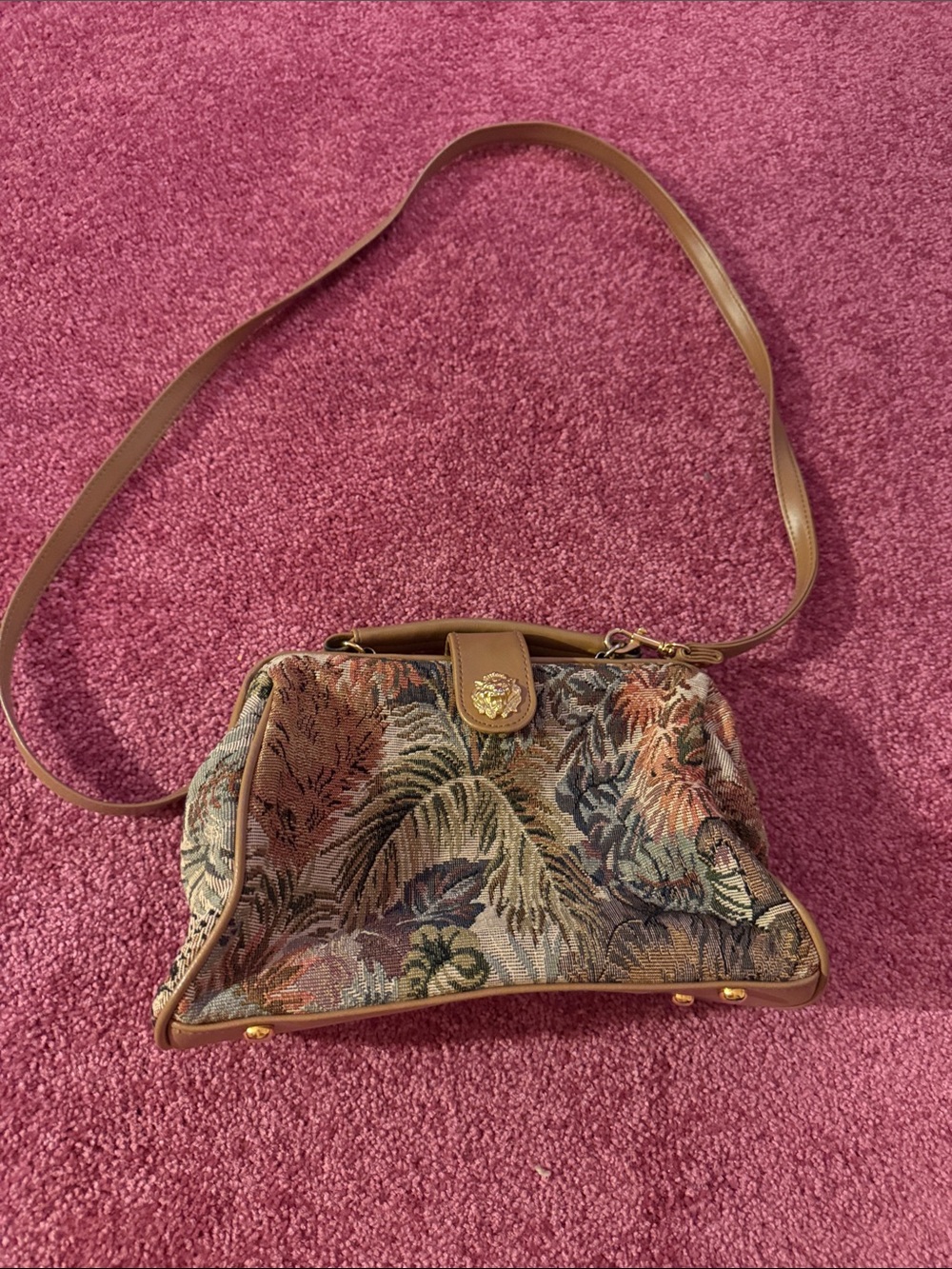 Woven Botanical Tapestry Shoulder Bag in Brown Multi
